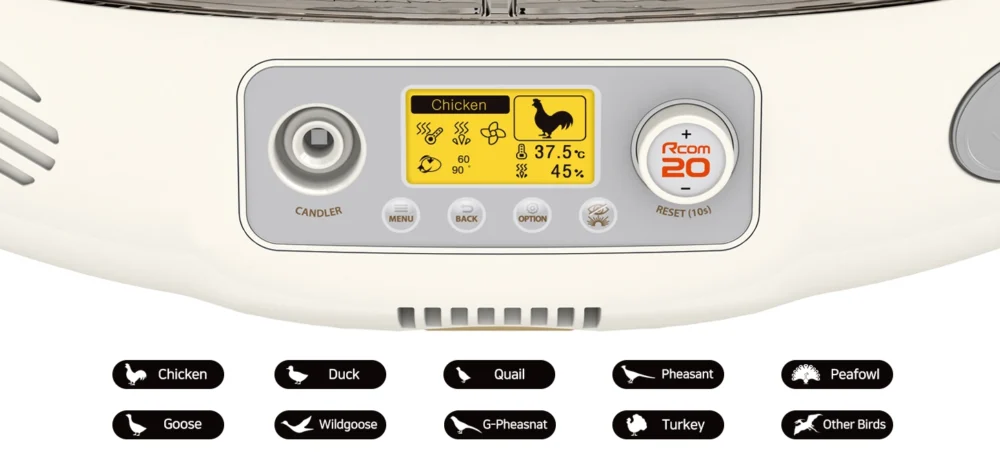 Inkubator do jaj Pro 20 Do - Automatyczyne sterowanie inkubacją dla różnych gatunków ptaków: kurczak, kaczka, przepiórka, bażant, paw, gęś, dzika gęs, złoty bazant, indyk.