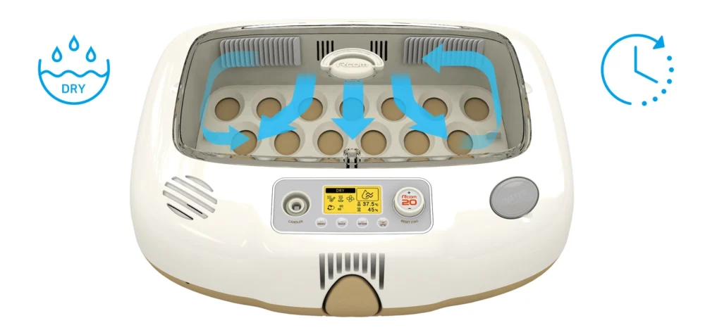 Inkubator Pro 20 Do - Tryb suszenia: Po wykluciu tryb suszenia szybko odparowuje pozostałą wilgoć w inkubatorze - skraca zarówno czas czyszczenia, jak i obawy związane z powstawaniem nieprzyjemnych zapachów lub pleśni w inkubatorze.