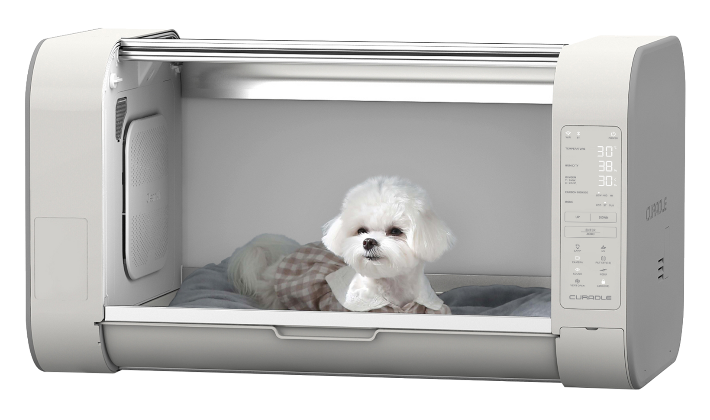 Inkubator dla zwierząt Pro 120. Wewnątrz leży mały biały pies.